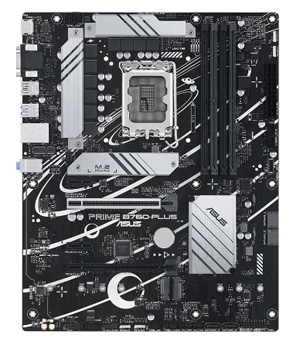 مادربرد ASUS PRIME B760-PLUS D5 با چیپست B760، پشتیبانی از رم DDR5، طراحی حرفه‌ای برای کامپیوترهای دسکتاپ، مناسب برای پردازنده‌های اینتل نسل دوازدهم و سیزدهم.
